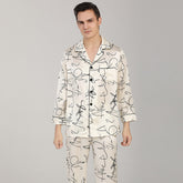100% Silk Long Sleeve Pajamas Set White Printed Silk Nightwear For Men